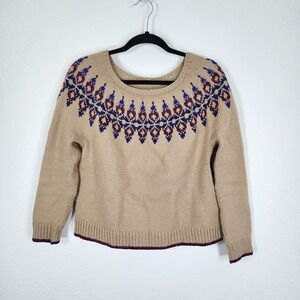 Vintage Hand Made Knit Sweater Beige Blue Fair Isle Colorwork Fits Sz M
